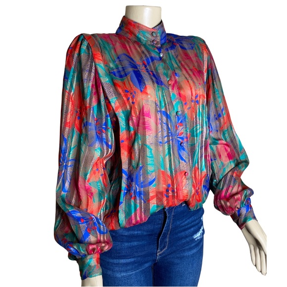 Vintage Colorful Floral Satin Striped Studio Retro Poet Blouse Holiday Top (M) - Picture 2 of 10